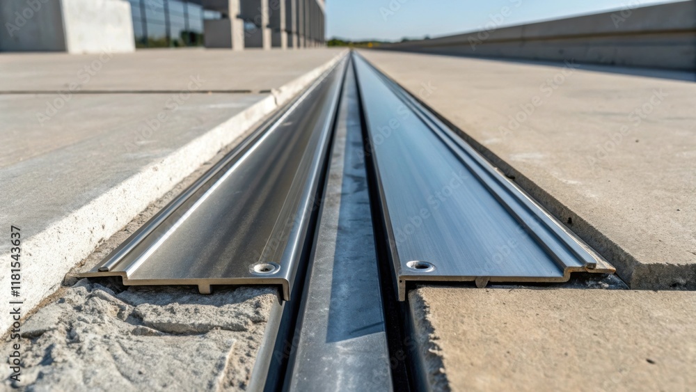 Poster A closeup view of a pre expansion joints profile focusing on the adaptive design that accommodates varying gap widths. The smooth shiny surfaces contrast against the rough concrete