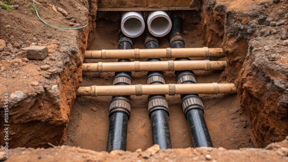 Poster a closeup view of an excavated trench showcasing a tangle of various sized sewer pipe connectors. th