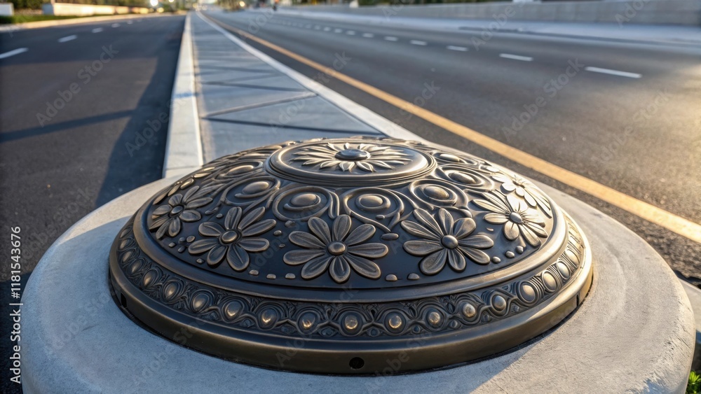Poster A closeup view of a round decorative streetlight base adorned with floral patterns. The base is securely mounted on a pristine section of the newly paved road with light glinting