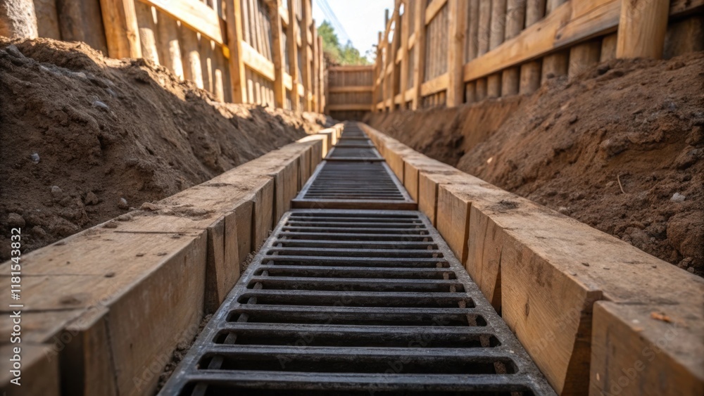 Poster a closeup view of drainage grates stacked on one another with the light filtering through the gaps t
