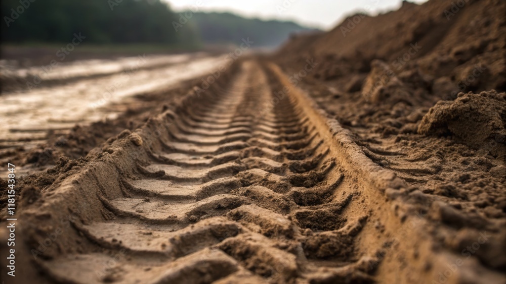Poster a closeup view of deep tire tracks left in the muddy ground leading up to a pile of loose dirt. the 