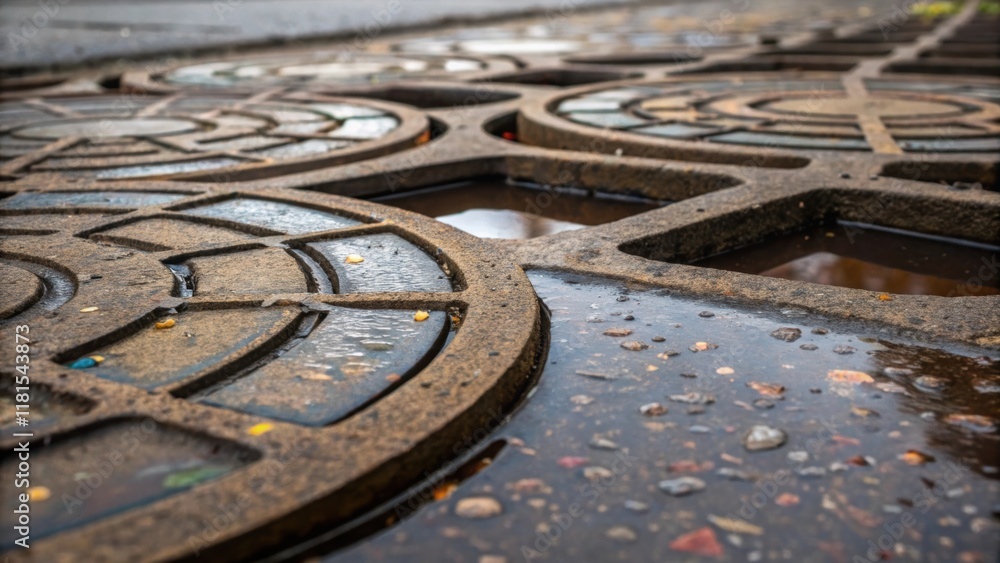 Leinwandbilder a closeup view of overlapping concrete drainage covers reveals intricate patterns where cracks and c