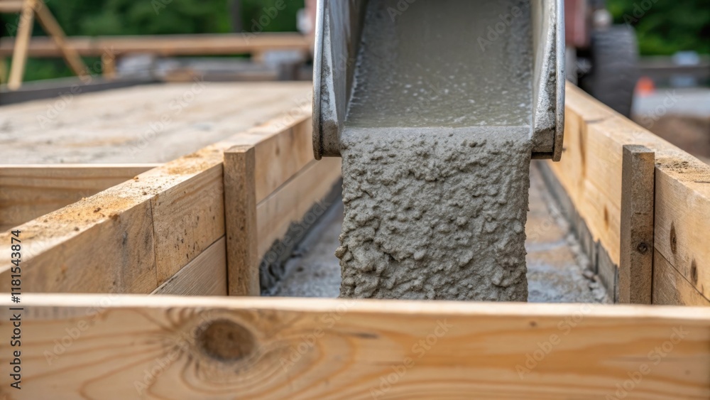 Poster a closeup view of fresh concrete flowing from the chute of a mixer truck into a wooden formwork the 
