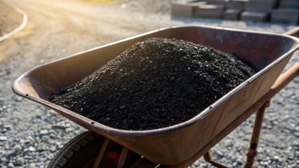 A closeup view of a wheelbarrow filled with fresh asphalt patching material emphasizing the deep rich black color against the grey backdrop of a gravelly construction area with