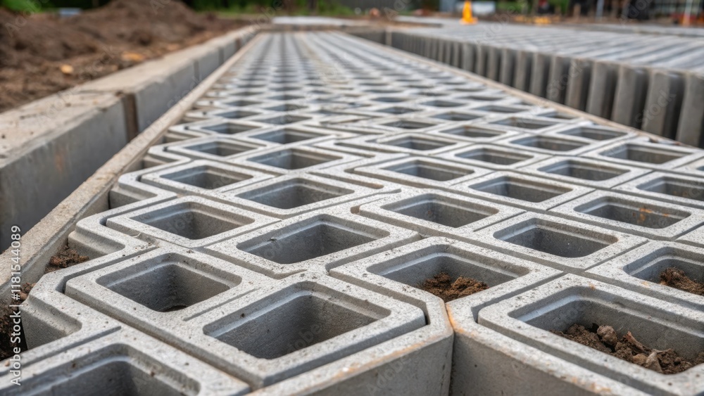 Aufkleber A closeup view revealing the intricately designed edges of the precast drainage basins showcasing the uniformity in shape and size. The interlocking patterns are evident ensuring a
