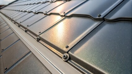A closeup view of the metallic finish on a modular cladding panel highlights the subtle sheen and color gradients that shift from silver to deep graphite. The intricate attachment