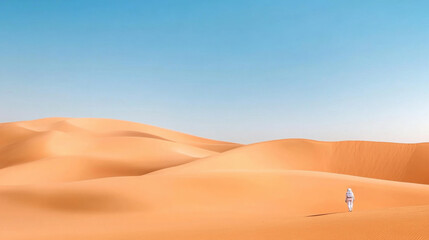 Astronaut explores sunlit desert with towering sand dunes