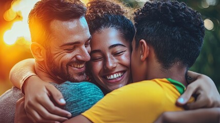 Fototapeta premium People embracing in a group hug under a rainbow flag, symbolizing LGBTQ+ support and unity. Natural green background and warm sunlight. Generative by AI.