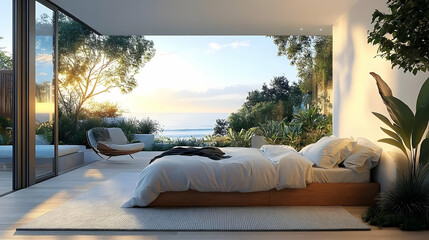 Bedroom Decor Inspires Tranquil Relaxation with Coastal Sunrise View