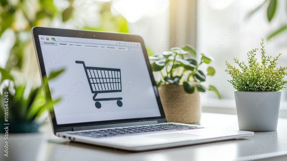 Poster open laptop displaying a shopping cart icon symbolizes online shopping and e commerce, surrounded by