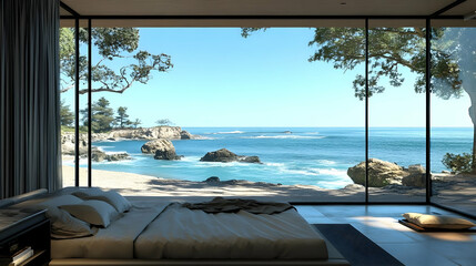 Fototapeta premium Ocean View Bedroom Creates Tranquil Coastal Escape