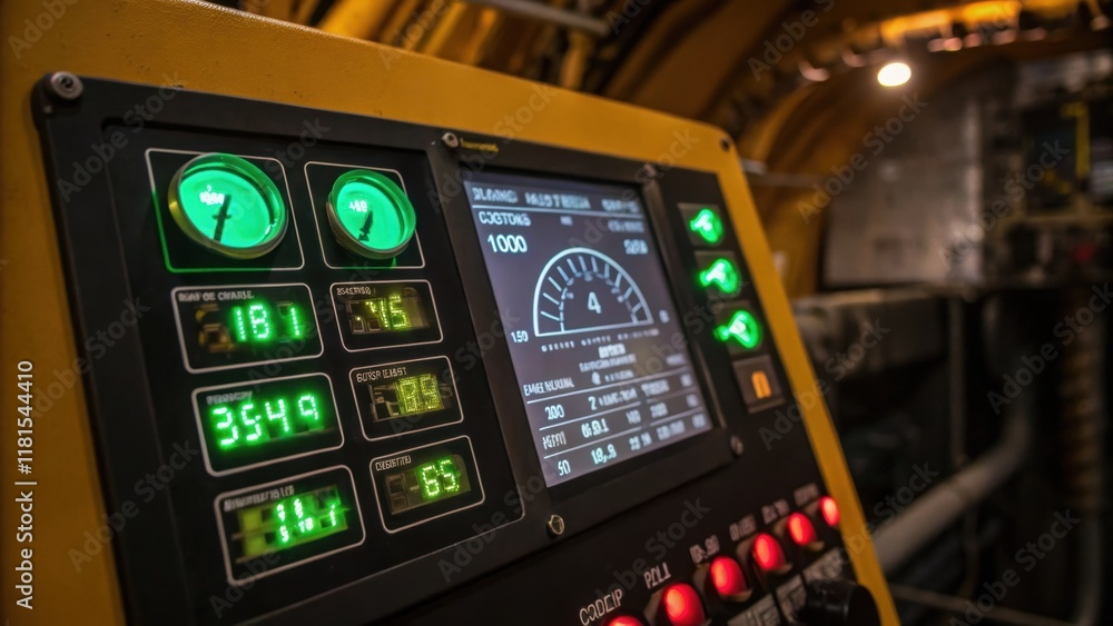 Aufkleber A close view of the display panel on the tunnel boring machine illuminated with a digital readout of operational metrics. Bright green lights indicate active systems and a series