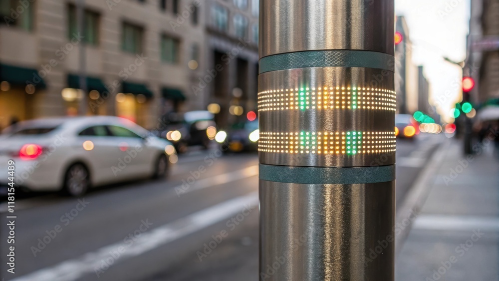 Poster a close view of the reflective striping that circles the traffic signal pole catching the light and 
