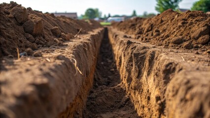 A close view of the trench reveals a freshly dug space lined with compacted earth surrounded by neat stacks of excavated soil ready to be used. The sharp edges of the trench