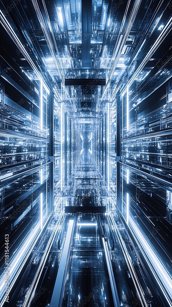 Poster futuristic hyperlight corridor with blue neon reflections and illusions : generative ai