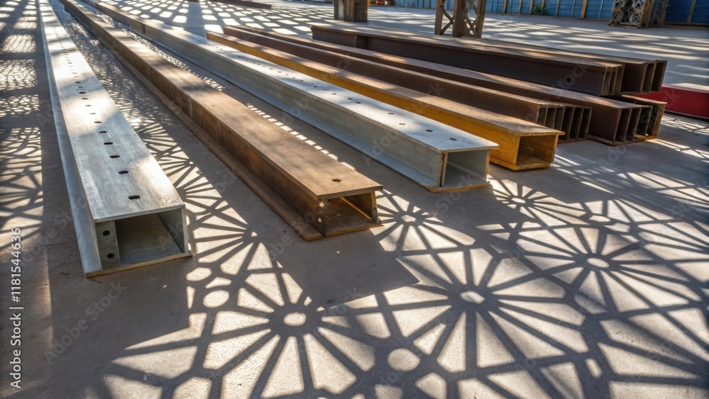 Poster A collection of various precast beams in different shapes and sizes casting an array of geometric patterns on the ground beneath them. The sunlight breaks through the gaps creating