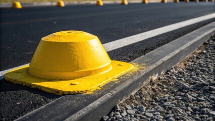 A contrasting closeup of a bright yellow streetlight base set against the deep black of the newly paved road. The paint glistens under the midday sun while small specks of gravel