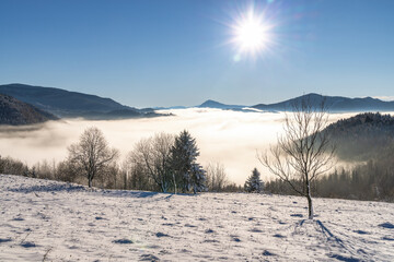 Snowy winter landscape in a misty sunny morning. The Orava region in north of Slovakia, Europe.