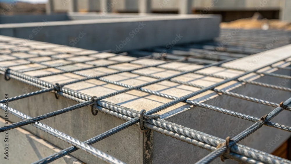 Aufkleber A detailed capture of a steel mesh panels edge revealing the sharp clean of the wires. Concrete forms are partially visible in the background underscoring the primal relationship