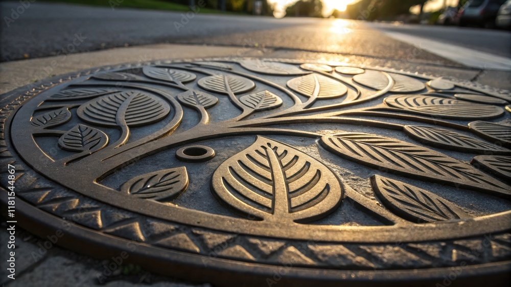Poster a detailed closeup of a circular stormwater cover featuring embossed designs that mimic natural elem