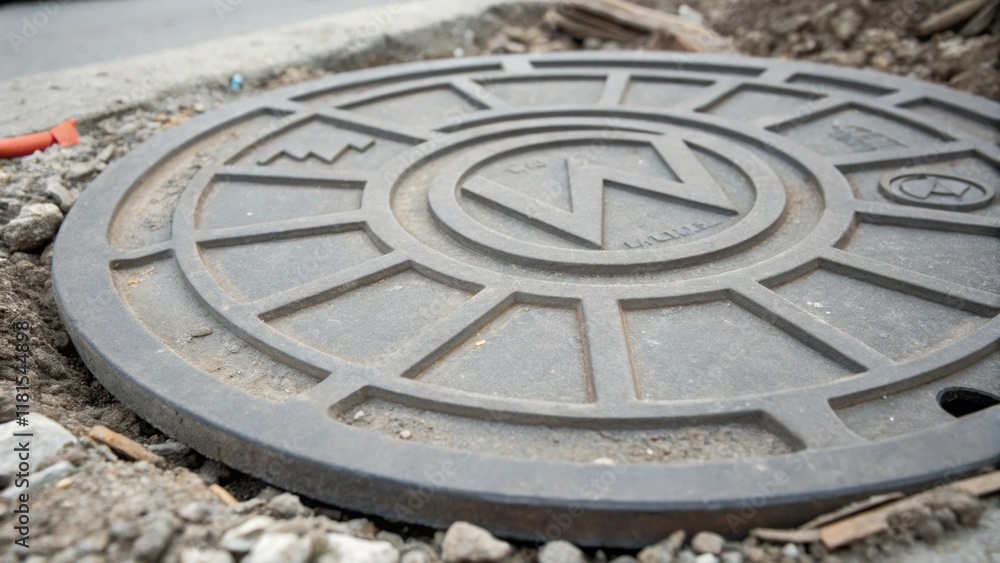 Poster A detailed closeup of a precast manhole cover featuring a unique embossed logo or symbol surrounded by small bits of debris from the construction site. The intricate design stands