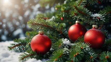 Macro shot of a Christmas tree with festive details and a blurred background.
