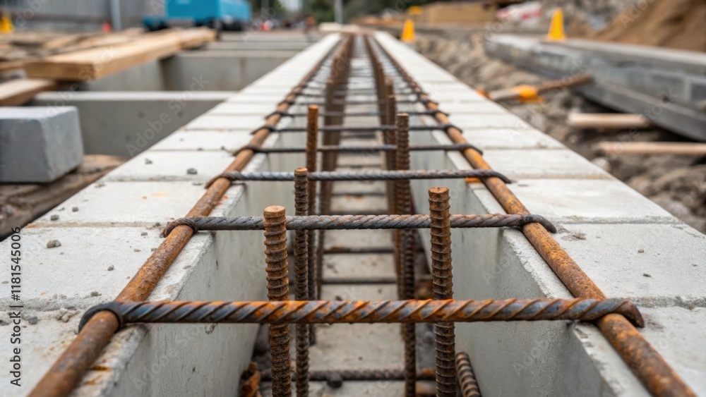 Aufkleber A detailed closeup of the connection points where precast concrete slabs will be joined showcasing rusted rebar protruding from the edges. The surrounding environment is a blend of