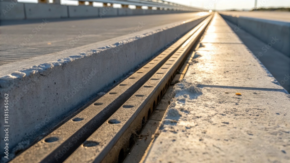 Poster A detailed closeup revealing a section of a preformed expansion joint embedded into a concrete bridge deck. The sunlight casts shadows into the small crevices creating a play of
