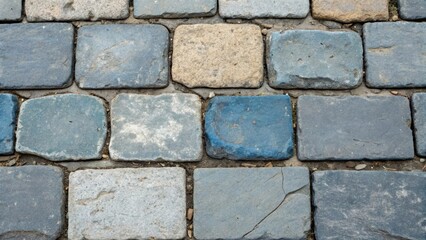 Obraz premium A detailed closeup of weathered pavers in various shades of grey and blue each one uniquely marked by age and usage. Some stones are smooth and polished while others exhibit rough