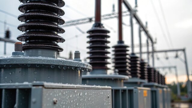 A detailed image capturing the cooling fins of a transformer where droplets of moisture cling to the surface after a light rain. The background fades into a soft blur of other