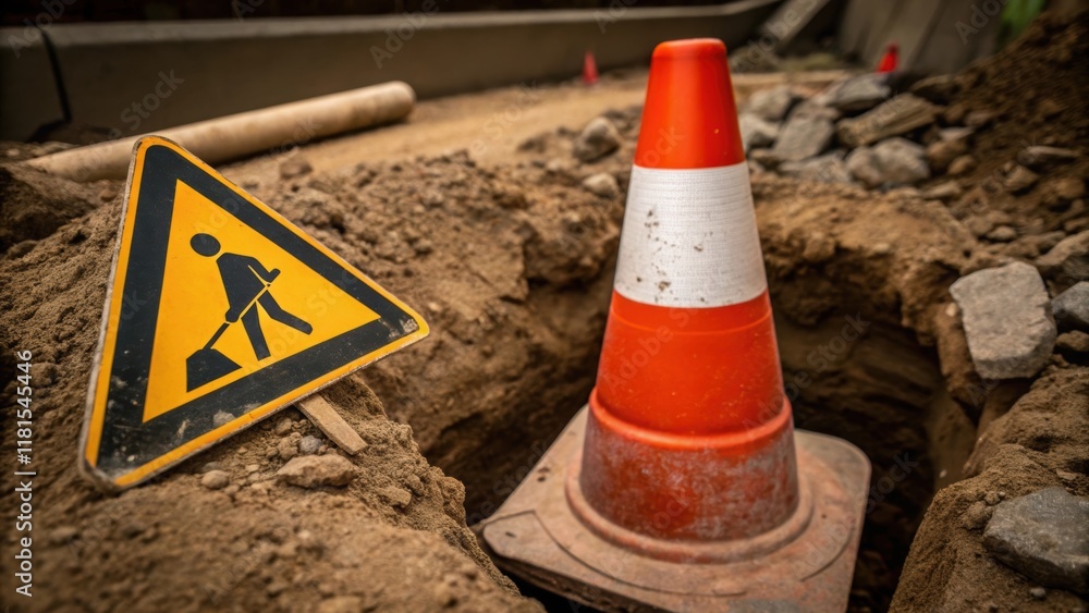 Poster a detailed image of a partially buried traffic cone partially obscured by dirt and stones from the o