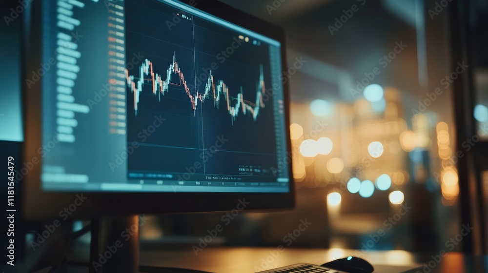 Poster computer screen displaying stock market data and analysis charts in a modern office at night, with c