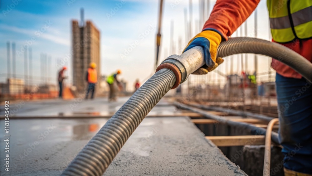 Aufkleber a detailed image of a workers hand gripping a hose attached to a concrete pump with concrete visibly