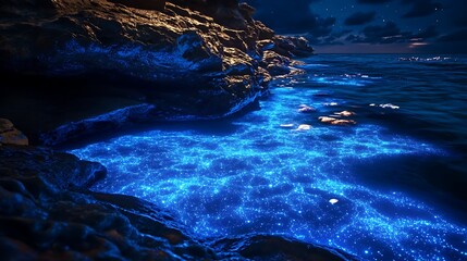 Bioluminescent ocean waves crashing near rocky shore at night