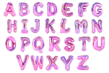 Pink metallic balloon alphabet letters A-Z on transparent background. Perfect for event design, branding, advertisements, and greeting cards. Represents creativity, celebration, and personalization