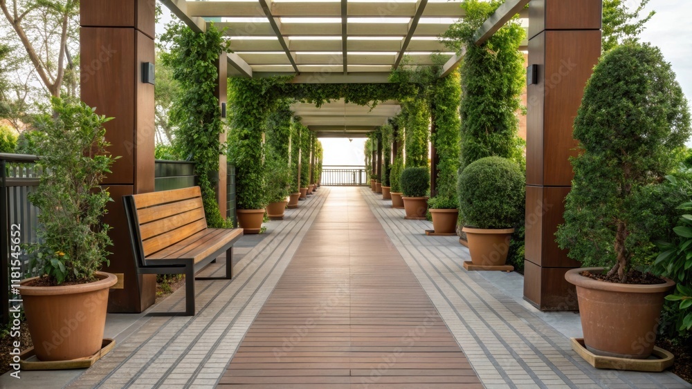 Poster A detailed look at a modular crossing as it seamlessly integrates with surrounding greenery. Potted plants line the edges and a wooden bench sits invitingly beside the pathway