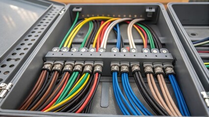 A detailed inspection of cable routing within an open tray where different gauge wires are bundled together showing their paths as they twist and turn. The close proximity reveals