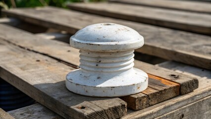 A detailed look at a single porcelain insulator perched precariously on the edge of a weathered pallet. The surface exhibits subtle cracks and imperfections each telling a story of