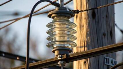 A detailed perspective of an insulator affixed to a utility pole with the sunlight reflecting off its glass surface. Surrounding wires stretch in both directions evoking a sense of