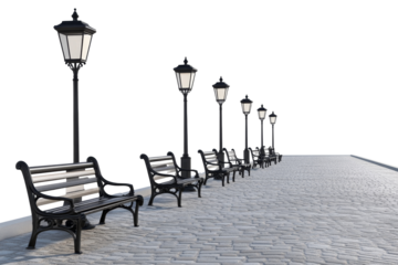 Serene Public Park Path with Benches and Lampposts at Dawn