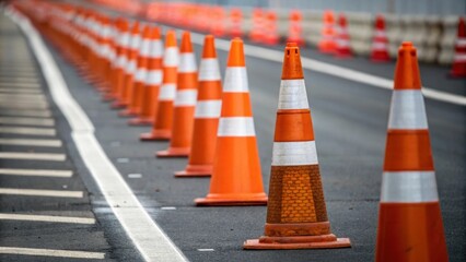 A detailed perspective on a traffic cone ast the thoughtfully arranged lane dividers its bright color stark against the muted tones of the surrounding markers. The image captures