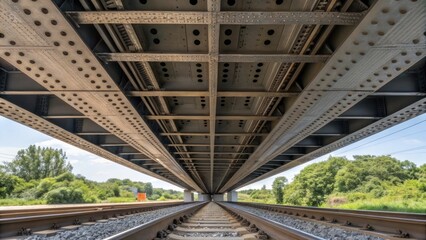 Fototapeta premium A detailed perspective on the underside of a preformed rail crossing showcasing the network of structural supports and drainage holes. The robust design speaks to the engineering
