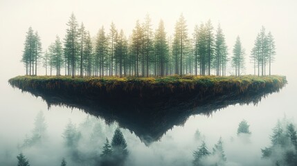 Misty floating island with evergreen forest reflecting in fog.