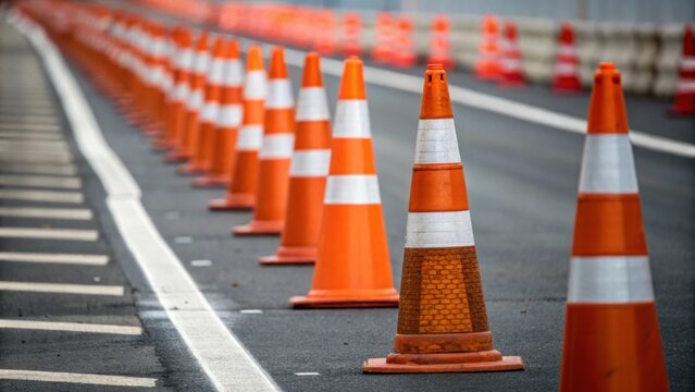 A detailed perspective on a traffic cone ast the thoughtfully arranged lane dividers its bright color stark against the muted tones of the surrounding markers. The image captures