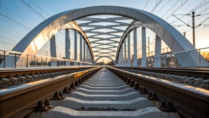 Fototapeta premium A detailed shot capturing the curved truss arching gracefully above the rail tracks its polished surface reflecting the surrounding environment. The interplay of light and shadow