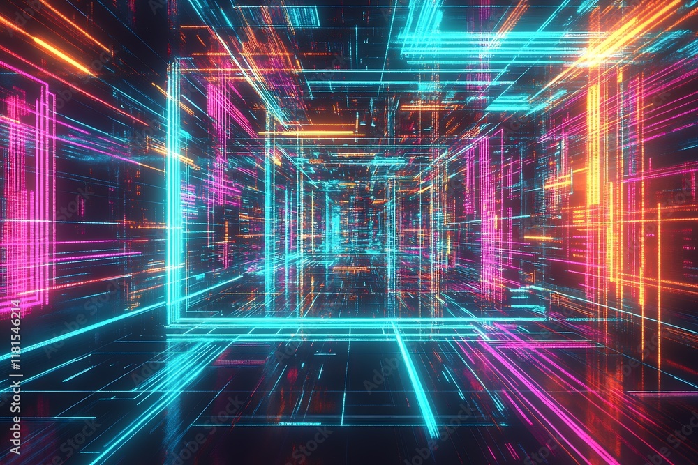 Poster Futuristic Abstract Digital Neon Tunnel With Vibrant Technological Lines : Generative AI
