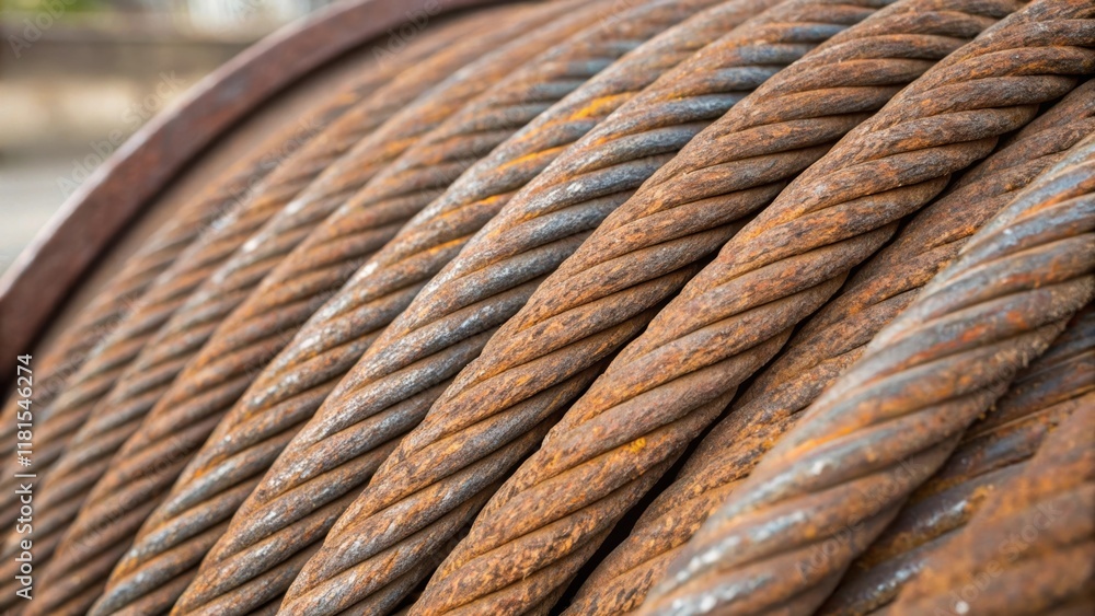 Aufkleber a detailed shot focusing on the surface of a coiled steel cable where rust highlights its age and du