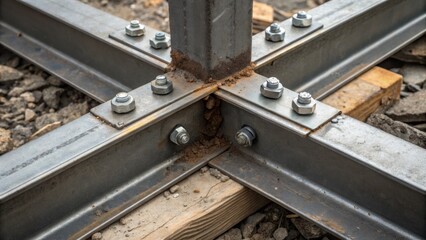 A detailed shot of a joint where two steel beams converge showing reinforced plates and highstrength bolts. The metallic sheen of the steel contrasts with the rough texture of
