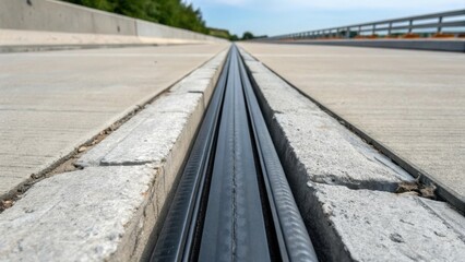 Fototapeta premium A detailed shot of an expansion joint filled with a resilient rubber seal emphasizing the smooth black material contrasting against the rough gray concrete of the bridge deck