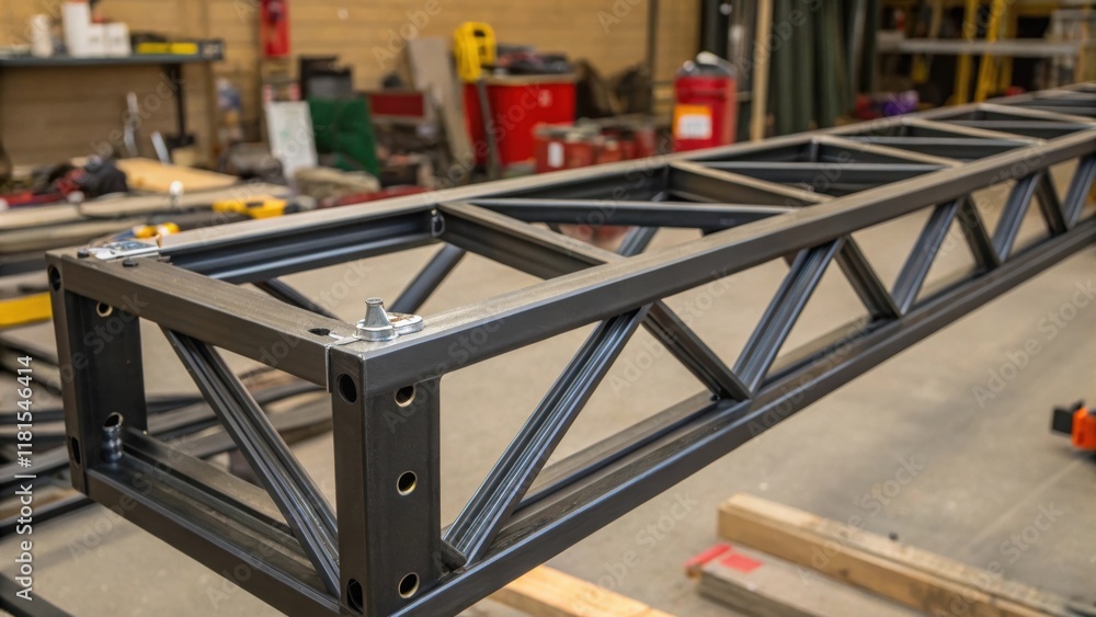 Poster A detailed shot of a truss section focusing on the intricate web of supporting beams. The combination of horizontal and diagonal members is captured against a backdrop of tools and